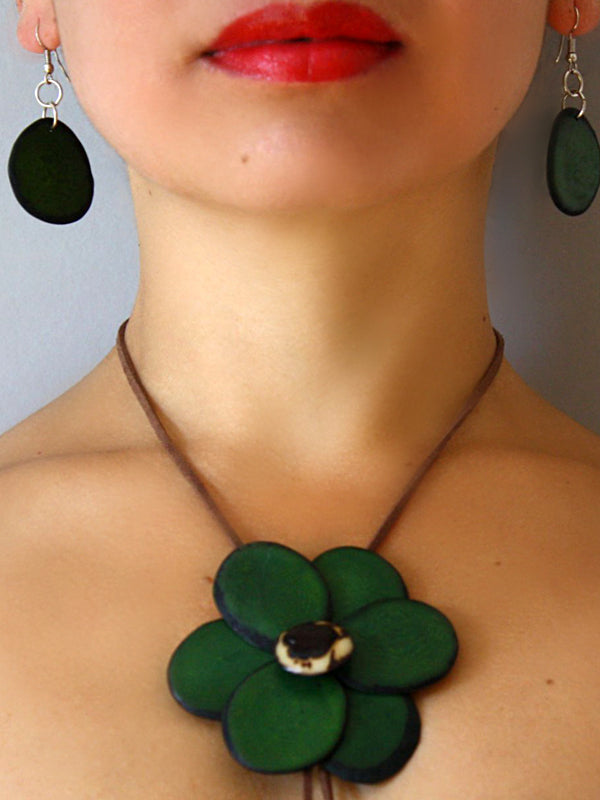 Margarita Flower Tagua Necklace Set - Green